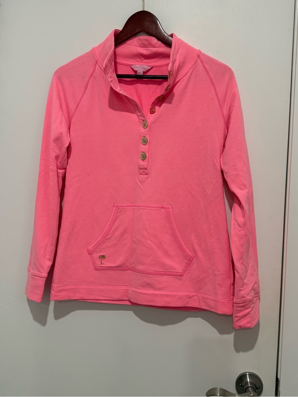 Lilly Pulitzer Pink Skipper Popover Pullover Sweatshirt S Gold Buttons Kangaroo